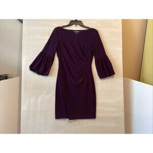 lauren ralph lauren dress 4 purple ruched 3/4 bell sleeve lined
